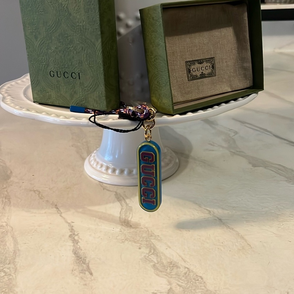 NWT Gucci Blue and Yellow Logo Keychain/Bag Charm